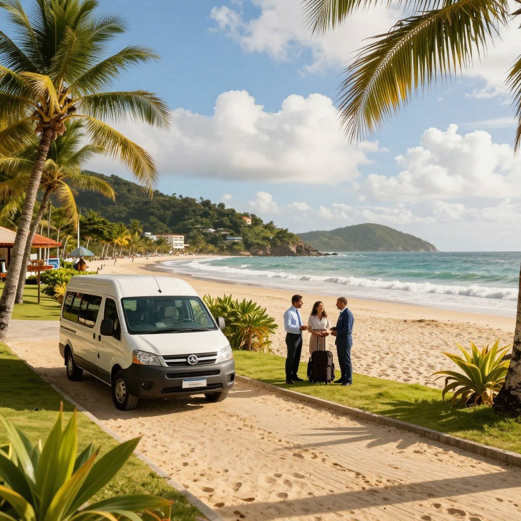 A picturesque beach transportation scene at a hotel in Hills, Porto Seguro. In the foreground, a modern shuttle van parked near a sandy pathway leading to a vibrant beach, surrounded by lush tropical greenery. In the middle ground, hotel staff in professional attire assist guests with baggage while chatting amiably. The background features the stunning coastline with gentle waves lapping against the shore, complemented by a bright blue sky dotted with fluffy white clouds. Warm golden sunlight bathes the scene, creating an inviting and relaxing atmosphere. The angle is slightly elevated, capturing both the transportation aspect and the beauty of the beach destination. The mood is welcoming and serene, perfect for highlighting access and transportation options at the hotel.