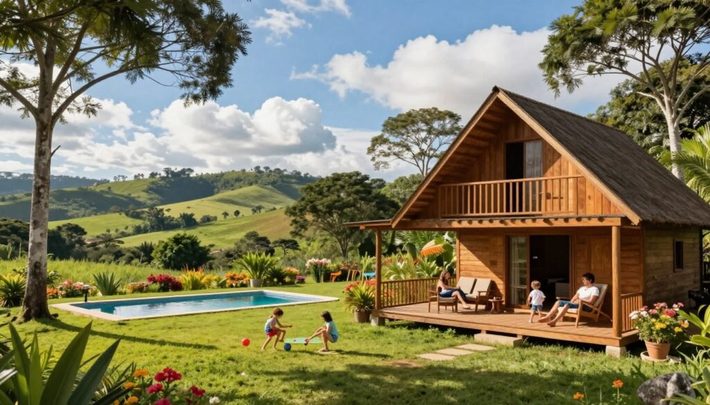 A picturesque family-friendly hotel fazenda nestled in the lush Brazilian countryside, surrounded by vibrant green fields and towering trees. In the foreground, a charming wooden cabin with a welcoming porch shows a family enjoying outdoor activities, like playing games and relaxing on comfortable furniture, dressed in modest casual attire. The middle ground features a serene swimming pool and a well-kept garden filled with colorful flowers, inviting families to connect with nature. In the background, gentle hills roll towards a bright blue sky dotted with fluffy white clouds, casting soft, warm sunlight across the scene. The overall mood is relaxed and inviting, evoking a sense of adventure and togetherness, perfect for family retreats in the countryside.