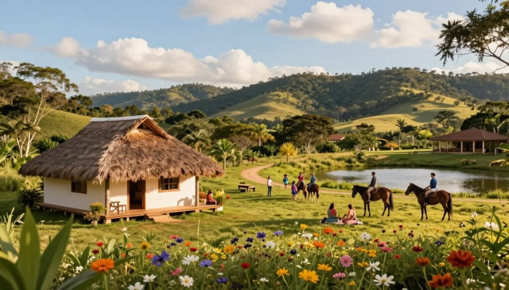 A picturesque scene capturing the essence of a Brazilian hotel fazenda, depicting a lush countryside retreat. In the foreground, a cozy cabin with a thatched roof, surrounded by vibrant wildflowers and green grass. The middle ground features families and couples enjoying a special promotion, engaging in activities like horseback riding and fishing near a sparkling pond. In the background, rolling hills covered in dense vegetation and a clear blue sky dotted with fluffy clouds. The lighting should be warm and golden, suggesting a late afternoon, enhancing the inviting and tranquil atmosphere. Use a soft focus with a slight depth of field to create an idyllic and serene mood, emphasizing relaxation and nature.