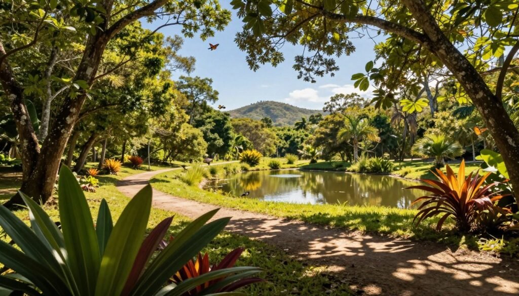 A picturesque scene showcasing the ecological beauty of Porto Seguro’s ecological park, with a lush forest filled with native trees and vibrant tropical plants in the foreground. Sunlight filters through the leaves, casting dappled patterns on the forest floor. In the middle ground, a winding trail invites exploration, leading to a small, tranquil pond reflecting the blue sky above. Birds and butterflies flutter around, adding life to the serene atmosphere. The background features distant hills covered in greenery under a clear, bright sky, enhancing the sense of tranquility and preservation. The image should evoke a feeling of connection to nature and the importance of environmental preservation, capturing the mood with soft, warm lighting to inspire a sense of peace and harmony.