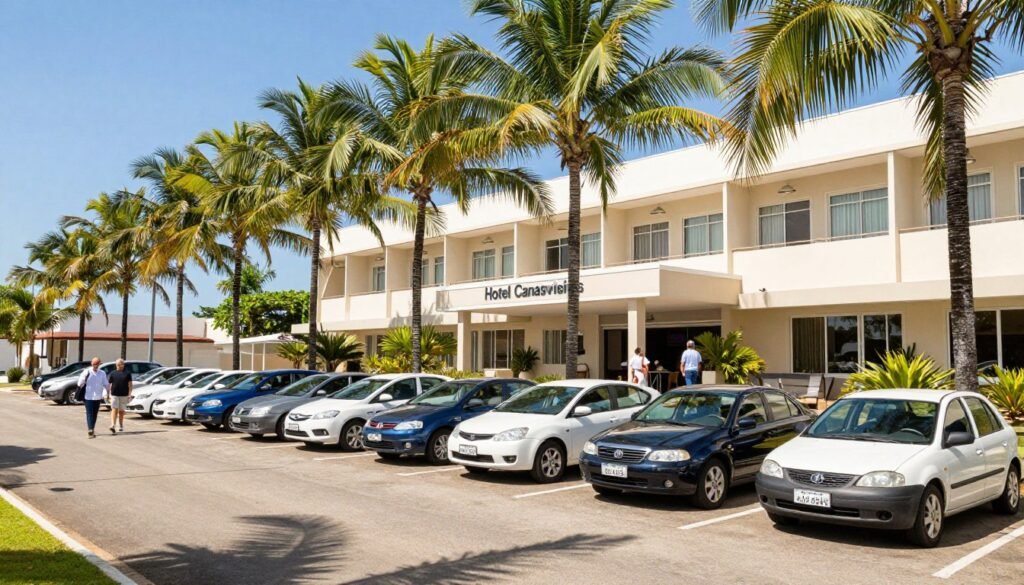 A picturesque view of the parking area at Hotel Canasvieiras, showcasing a tidy arrangement of parked cars beneath bright tropical sun. In the foreground, a few palm trees sway gently, casting soft shadows on the asphalt. The middle ground features the hotel building, presenting a modern architectural style with large windows and a welcoming entrance. Guests in professional casual attire stroll leisurely, enjoying the friendly atmosphere. The background reveals a clear blue sky, enhancing the vibrant ambiance of a sunny day in Florianópolis. The scene is warmly lit, emphasizing the inviting nature of the hotel environment, with a slight depth of field effect to draw attention to the foreground details.