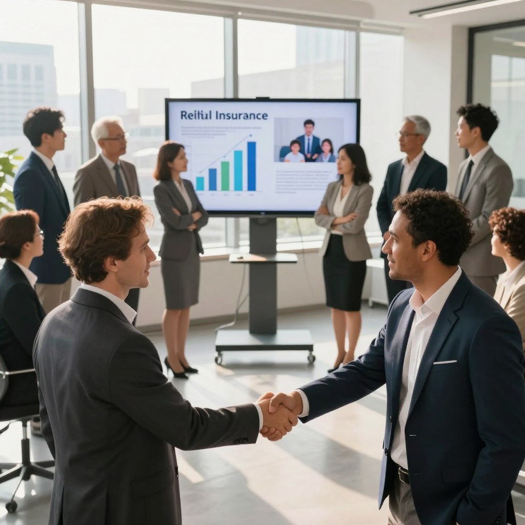 A positive and impactful scene illustrating the success of insurance, featuring a diverse group of professionals in smart business attire engaged in a lively discussion. In the foreground, two individuals are shaking hands, symbolizing a successful partnership. In the middle ground, various people are observing a large screen displaying graphs and images of families and businesses thriving thanks to reliable insurance. The background shows a bright office environment with windows revealing a sunny cityscape, conveying optimism and growth. Soft, warm lighting enhances the atmosphere, creating a sense of trust and hope. The angle showcases an expansive view of the collaborative space, emphasizing teamwork and successful outcomes.
