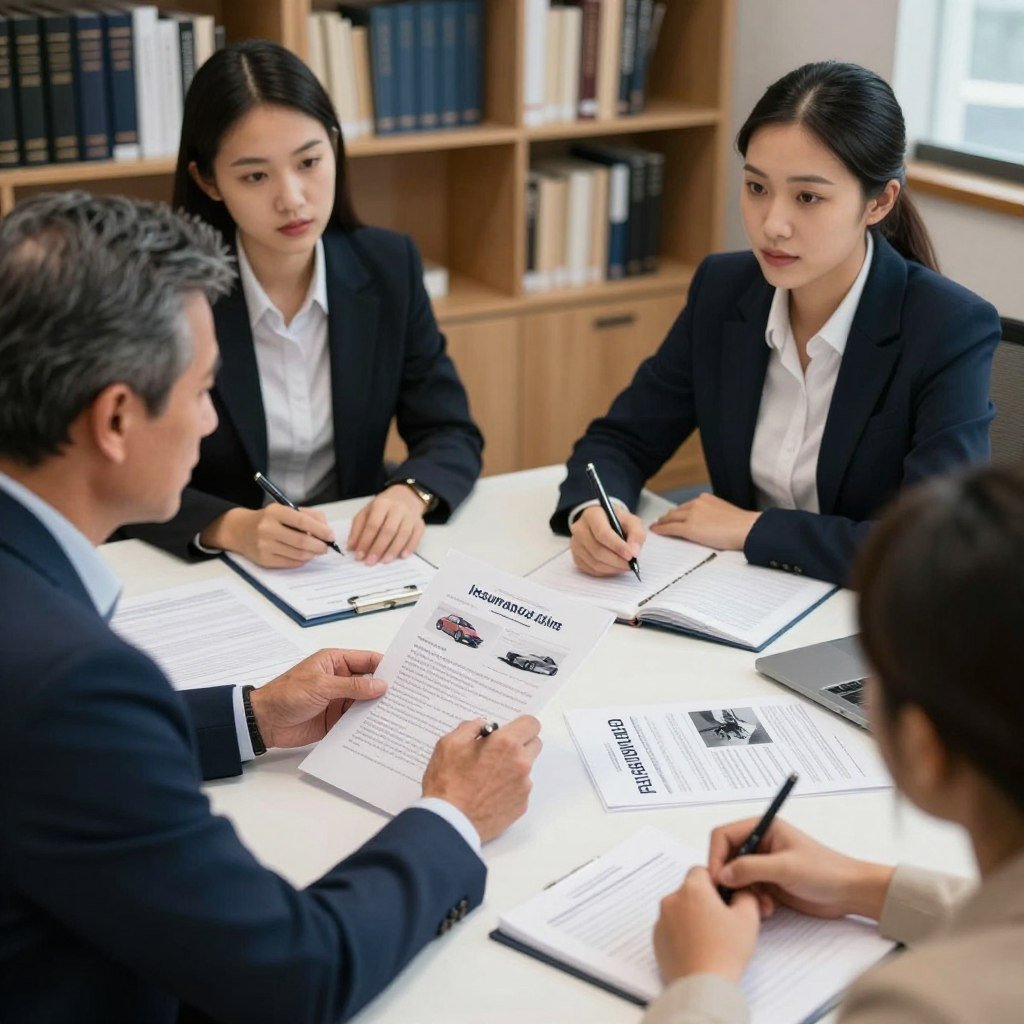 A professional and informative scene depicting a diverse group of individuals in an office setting discussing the DPVAT compensation process. In the foreground, a middle-aged man in a navy suit gestures as he explains a document, while a young woman in a smart blazer listens intently, taking notes. In the middle ground, a round table is filled with paperwork related to insurance claims, showing images of car accidents and legal forms subtly blurred. The background features shelves filled with books about law and insurance, creating an academic atmosphere. Soft, diffused lighting highlights the individuals, conveying a mood of professionalism and determination. The angle should be slightly elevated, capturing the collaborative spirit of the discussion.