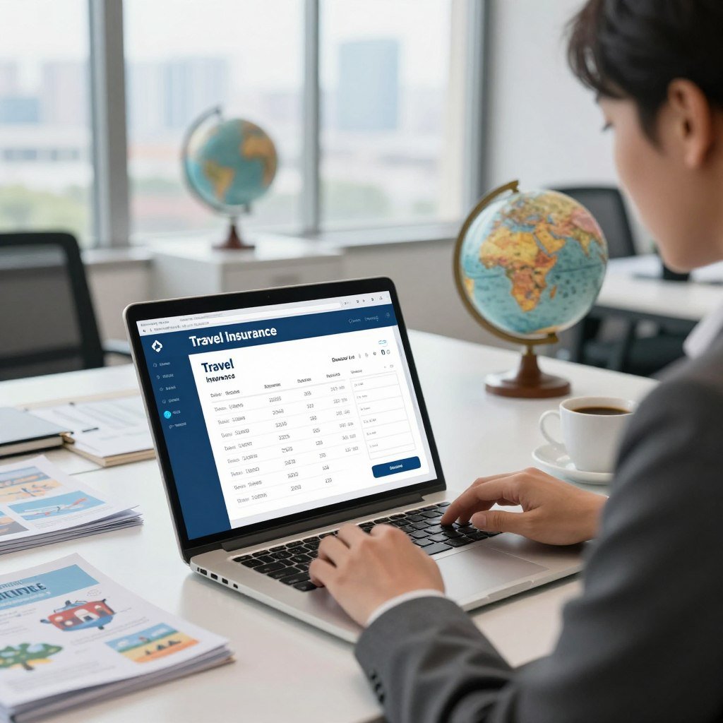 A professional and modern office setting featuring a focused individual, dressed in business attire, analyzing travel insurance options on a sleek laptop. The foreground captures a close-up of the screen displaying an interactive online travel insurance quote interface with price lists and payment methods. In the middle ground, a well-organized desk is adorned with travel brochures, a globe, and a cup of coffee, suggesting preparation for a trip. The background showcases large windows letting in soft, natural light, with a city skyline visible, creating a sense of aspiration and adventure. The overall mood conveys a blend of professionalism and readiness, emphasizing the importance of securing travel insurance for upcoming journeys.