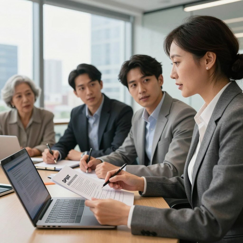 A professional business environment depicting a diverse group of insurance agents engaged in a discussion about DPVAT payments. In the foreground, a middle-aged woman in business attire explains key points using documents and a laptop. In the middle, a young man takes notes, while an elderly woman and a man nod in agreement. The background features a modern office setting with a large window showing a city skyline, allowing natural light to illuminate the scene, creating a warm and collaborative atmosphere. The angle is slightly elevated, capturing the dynamic interaction among the team. The mood is focused and professional, emphasizing teamwork in the financial sector.