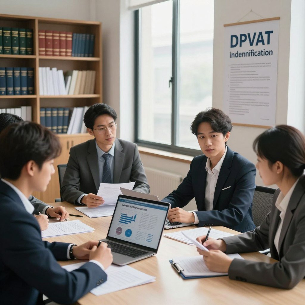 A professional business environment illustrating the concept of DPVAT indemnification. In the foreground, a diverse group of office workers, dressed in smart business attire, is engaged in a discussion around a conference table, with documents and a laptop displaying graphs and statistics about insurance claims. In the middle, a large window allows soft, natural light to flood in, casting gentle shadows that create an inviting atmosphere. The background features bookshelves filled with legal documents and a large poster about the DPVAT process, emphasizing clarity and professionalism. The overall mood is focused and collaborative, reflecting the importance of understanding the indemnity process. Use a slightly elevated angle to capture the entire scene effectively, enhancing the sense of engagement and teamwork.