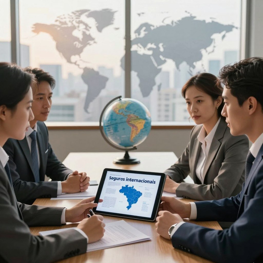 A professional business meeting set in an international context, focusing on "seguros internacionais." In the foreground, a diverse group of three business professionals, wearing formal attire, engaged in discussion over a digital tablet displaying a map of Brazil and surrounding countries. The middle ground features a large conference table with documents and a globe symbolizing global insurance coverage. The background showcases a large window revealing a skyline of a bustling city, hinting at international influence. Soft natural lighting filters through the window, casting a warm glow over the scene. The mood is professional yet approachable, emphasizing collaboration and global connectivity in insurance coverage for accidents abroad.