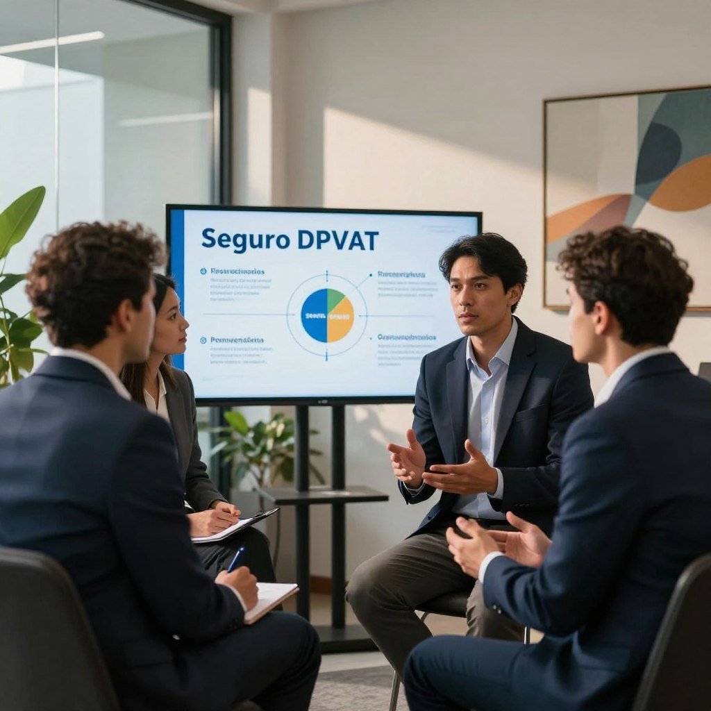 A professional business setting depicting a discussion about Seguro DPVAT. In the foreground, a diverse group of three professionals in business attire (two men and one woman) are engaged in conversation, showcasing expressions of interest and collaboration. In the middle ground, a digital screen or infographic displays key points about Seguro DPVAT, visually representing the relationship between the insurance and its providers. The background features a modern office environment with glass walls, plants, and abstract art, creating a sophisticated atmosphere. Soft, natural lighting filters through the windows, casting gentle shadows, while a medium angle shot captures the dynamic interaction among the individuals. The overall mood is informative and engaging, emphasizing professionalism and teamwork.