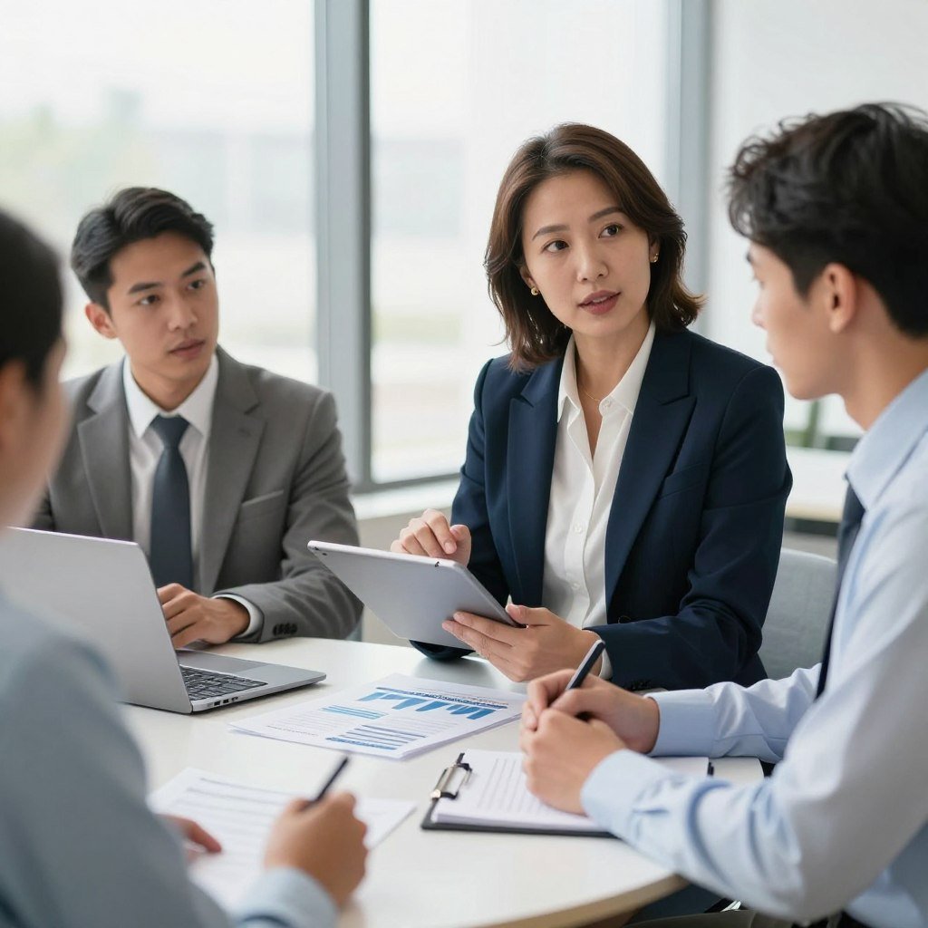 A professional business setting depicting a diverse group of individuals engaged in a discussion about insurance eligibility. In the foreground, a confident middle-aged woman in a smart blazer, holding a tablet, is explaining to a young man in a dress shirt who is taking notes. The middle ground features a round table with documents and a laptop open, highlighting charts and data related to APVS insurance eligibility. In the background, a bright, airy office with large windows, allowing natural light to flood the space, enhances the professional atmosphere. The overall mood is collaborative and informative, embodying a sense of trust and clarity surrounding the topic of insurance eligibility. The image should be well-lit, with a balanced composition focusing on the interaction among the characters.