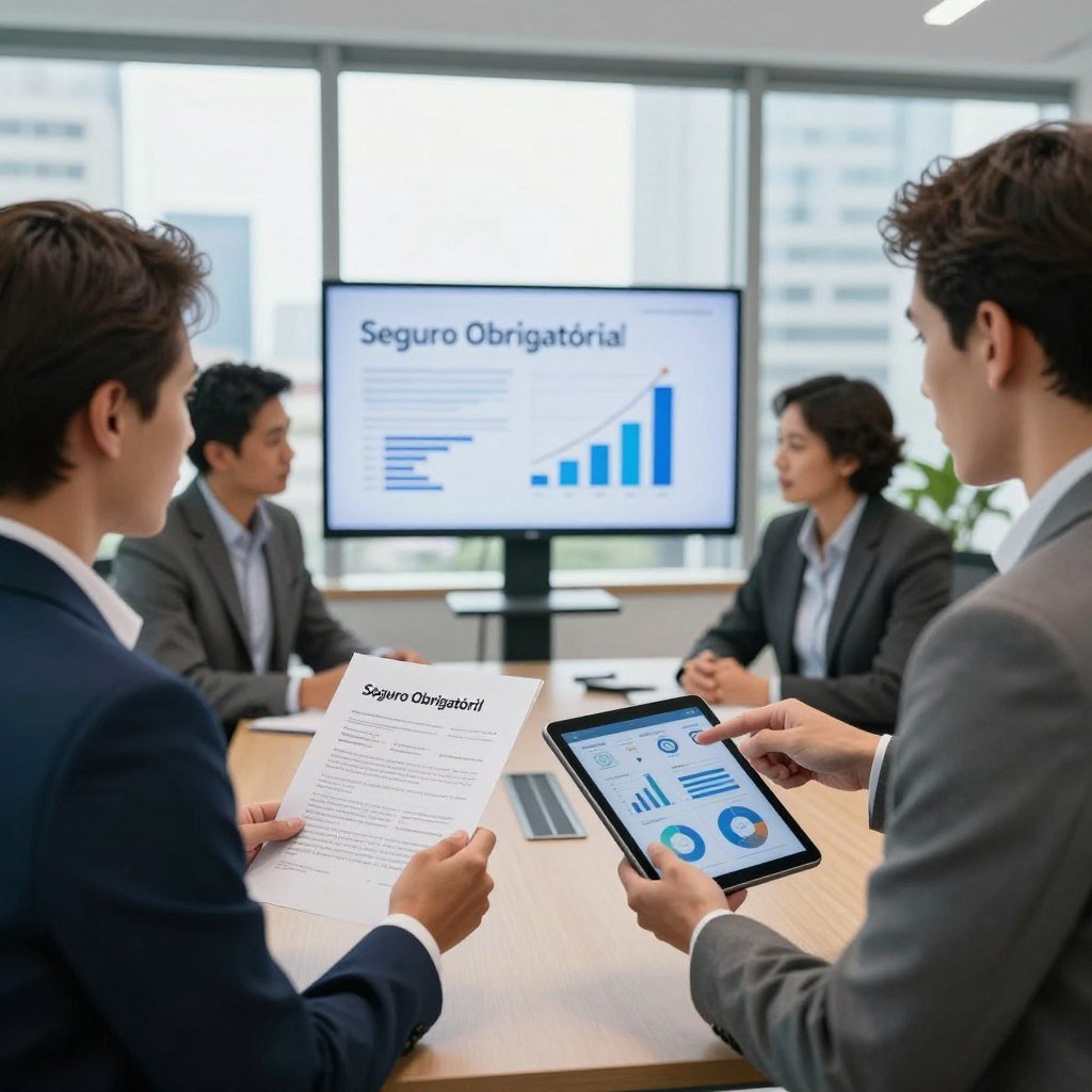 A professional business setting featuring a diverse group of individuals in smart business attire, engaged in a discussion about "Seguro Obrigatório." In the foreground, focus on two individuals—one holding a document and the other pointing at a digital tablet, showing charts and infographics. In the middle ground, a large screen displays relevant statistics and icons related to insurance. The background consists of a modern office environment with large windows revealing a cityscape, allowing natural light to illuminate the scene. The atmosphere conveys an air of collaboration and inquiry, emphasizing the importance of understanding insurance in 2026. The lighting is bright yet soft, creating a welcoming vibe, captured from a slightly elevated angle to provide depth and context.