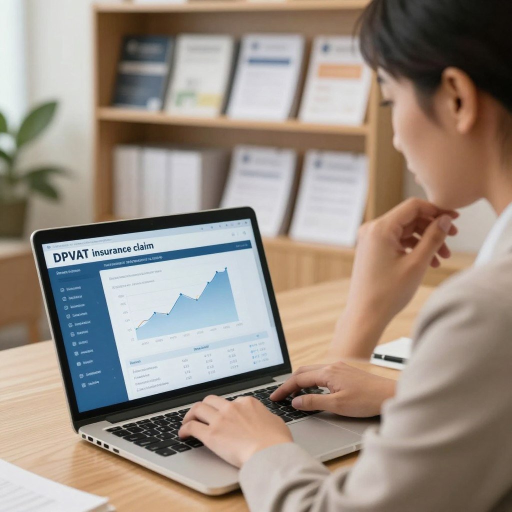 A professional depiction of a business person in a modern office setting, attentively reviewing a digital interface displaying the status of a "DPVAT insurance claim" on a sleek laptop. In the foreground, the individual, dressed in professional business attire, gazes thoughtfully at the screen, highlighting the seriousness of tracking insurance procedures. The middle of the image includes the laptop's screen, showing clear graphs and status indicators, creating a sense of engagement and focus. In the background, soft-focus shelves filled with legal documents and insurance brochures set a relevant context. Warm, diffused lighting creates an inviting atmosphere, enhancing the mood of diligence and professionalism. The perspective should be from a slight angle, capturing both the individual and the laptop screen effectively.