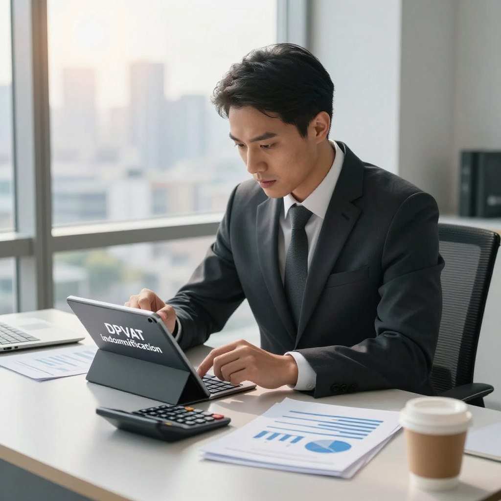 A professional financial advisor sitting at a modern desk, calculating the value of DPVAT indemnification on a digital tablet. The advisor is dressed in smart business attire, with focused facial expression and neatly organized paperwork beside them. In the background, a large window reveals a city skyline, with soft sunlight illuminating the scene, creating a warm and professional atmosphere. On the desk, a calculator, charts, and a coffee cup add detail to the workspace. The image is captured from a slightly elevated angle, providing a clear view of both the advisor and the desk, emphasizing the theme of financial calculation and professional advice. The overall mood conveys diligence and expertise in the context of insurance compensation.