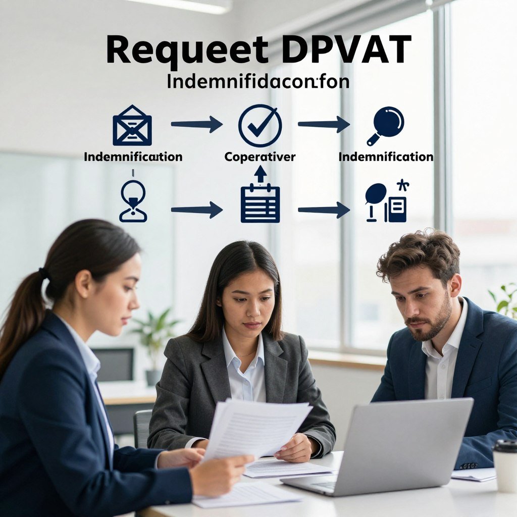 A professional, informative illustration depicting a step-by-step guide for requesting DPVAT indemnification. In the foreground, a diverse group of three individuals, two women and one man, dressed in smart business attire, are gathered around a table, looking at documents and a laptop. In the middle section, there is a detailed flowchart illustrating the process of solicitation with clear arrows and icons, indicating each step. The background features a bright office environment with a large window allowing natural light to flood the space, creating a sense of optimism and clarity. The overall mood is constructive and professional, emphasizing collaboration and guidance. The perspective is slightly elevated, showcasing the table arrangement and the chart effectively.