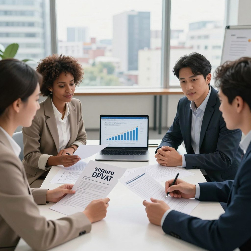 A professional, informative scene illustrating the concept of "seguro DPVAT." In the foreground, a diverse group of people—two men and two women of different ethnicities—are engaged in a discussion, dressed in smart business attire. They are reviewing documents that symbolize insurance claims. In the middle ground, a sleek table filled with paperwork, legal forms, and a laptop displaying a graph of insurance statistics, emphasizing the theme of rights and entitlements. In the background, a well-lit office environment, with large windows showcasing a cityscape, providing a sense of professionalism and approachability. Soft, natural lighting creates an optimistic atmosphere, with warm tones emphasizing a sense of security and community support.