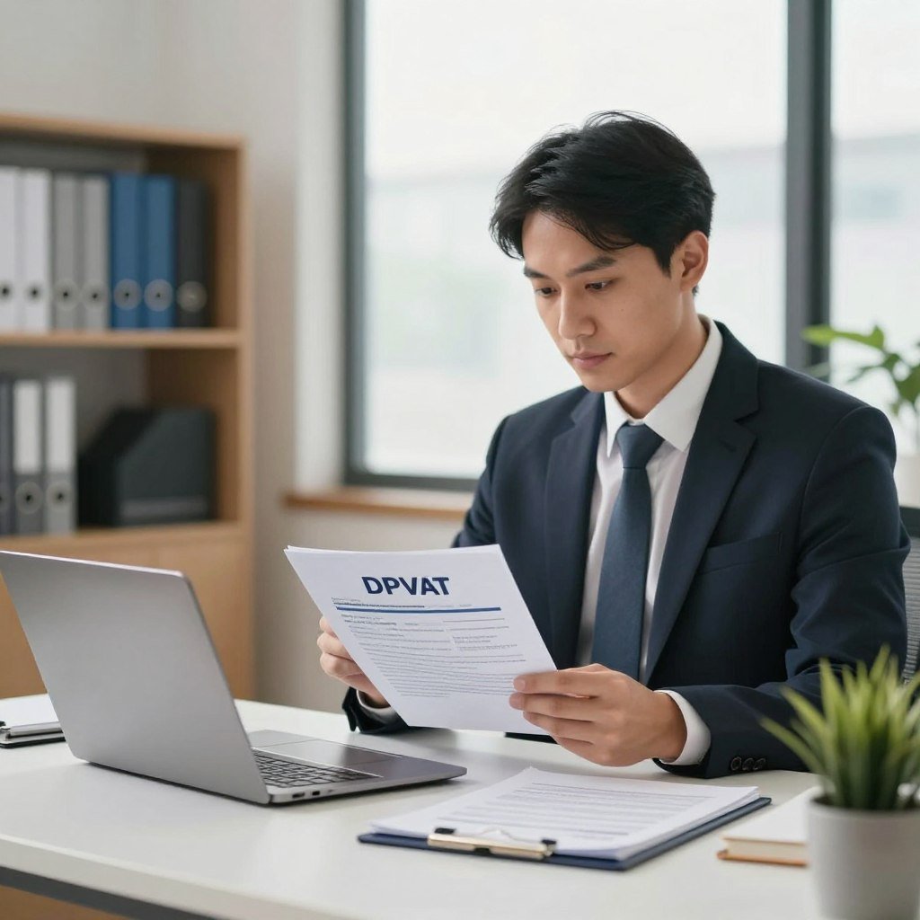A professional insurance advisor sitting at a sleek desk, reviewing documents related to the DPVAT insurance claims process. The foreground features a well-organized workspace with a laptop, paperwork, and a small plant. In the middle, the advisor is focused and dressed in formal business attire, conveying a sense of reliability and expertise. The background shows a softly blurred office setting with shelves of insurance books and a large window allowing natural light to flood the room, creating a warm and inviting atmosphere. The lighting is bright yet soft, enhancing the professional mood. The image captures the significance of DPVAT insurance as a crucial safety net, emphasizing professionalism and clarity in aiding individuals through the indemnization process.