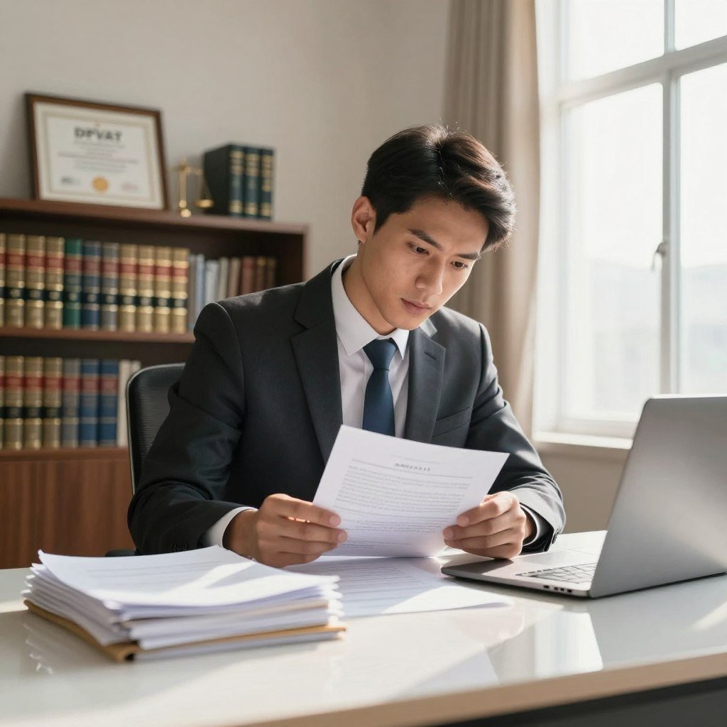 A professional lawyer, dressed in a well-fitted suit, is seated at a modern desk in an office. In the foreground, a stack of legal documents and a laptop are visible, reflecting the seriousness of legal matters. The lawyer is intently analyzing a document, looking focused and engaged. The middle background features a bookshelf filled with law books and a certificate of law on the wall, indicating expertise. The lighting is soft yet bright, creating a warm and inviting atmosphere, with sunlight streaming through a large window. The angle is slightly tilted to emphasize the lawyer's concentration, portraying a sense of urgency and need for legal representation, especially in relation to DPVAT indemnification.