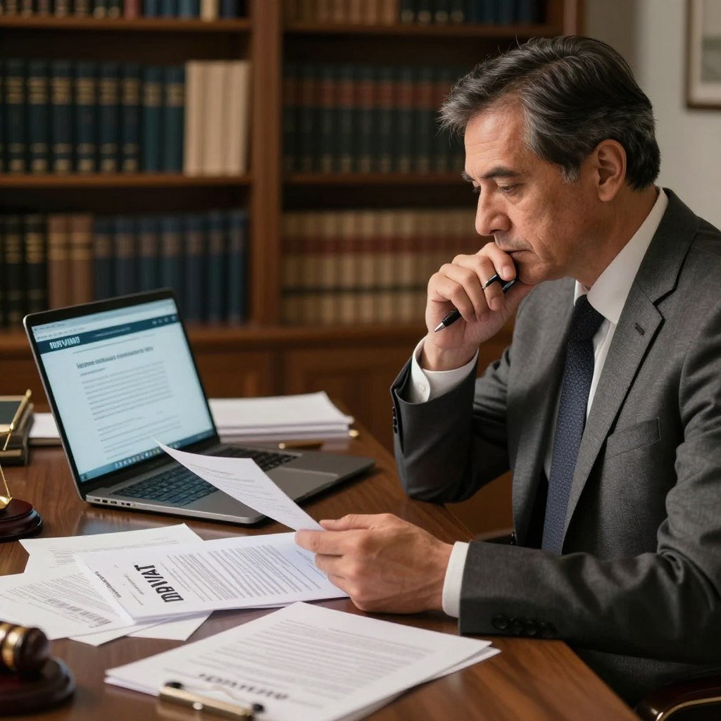 A professional lawyer in formal business attire, sitting at a sleek desk cluttered with papers and legal documents related to DPVAT insurance claims. The foreground shows the lawyer, a middle-aged individual with a thoughtful expression, pen in hand, analyzing a document. In the middle, a laptop is open, displaying a legal website about insurance claims. In the background, shelves filled with books on law and policy create a scholarly atmosphere, softly lit by overhead warm lighting, suggesting a late afternoon. The angle is slightly above eye level, capturing the focused mood of determination and professionalism, emphasizing the lawyer's role in assisting clients with negative indemnity claims. The overall color palette is muted, with soft browns and greys, invoking a sense of trust and seriousness.