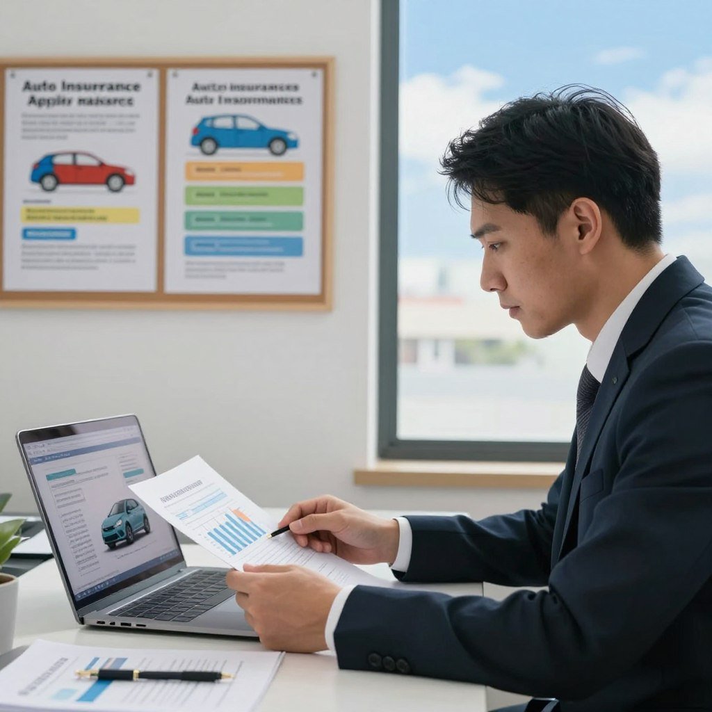 A professional-looking office setting focused on auto insurance quotes. In the foreground, a well-dressed person sits at a desk, analyzing papers and a laptop displaying graphs and car images. Their expression is one of concentration, depicting the complexity of understanding insurance options. In the middle ground, a wall features a bulletin board with colorful charts and common mistakes people make when applying for car insurance, such as incomplete information and overlooking discounts. The background shows a large window with natural light pouring in, showcasing a clear blue sky, adding a sense of clarity and insight. The atmosphere is serious yet encouraging, reflecting a blend of professionalism and caution in the insurance process. Use soft, even lighting to maintain focus on the subject.