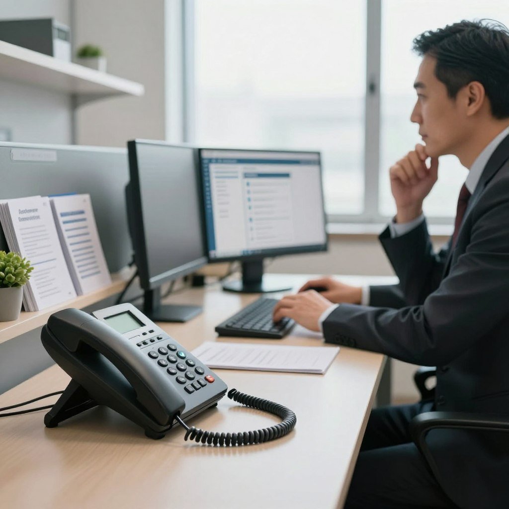 A professional, modern office environment showcasing a telephone on a sleek, organized desk. In the foreground, the focus is on an elegant, black office phone with a glowing dial. To the side, a business professional in formal attire, a middle-aged man, is seen thoughtfully looking at a computer monitor displaying customer service information. The middle segment highlights shelves filled with customer service brochures and a small plant for a touch of warmth. The background features a bright window with soft, diffused natural light coming in, creating a welcoming atmosphere. The angle should be slightly tilted to enhance depth, conveying a sense of professionalism and accessibility. The mood is calm yet engaging, inviting viewers to connect with the idea of customer assistance.