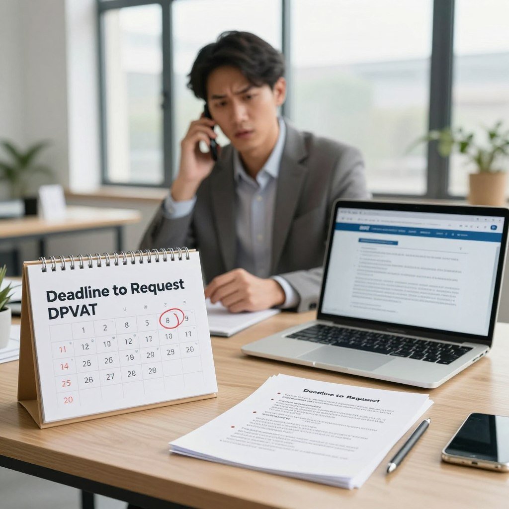 A professional office environment focusing on the theme "Deadline to Request DPVAT". In the foreground, a well-organized desk with a calendar marked with a red circle around an important date, an open laptop displaying an official document about the DPVAT process, and notes scattered with bullet points summarizing key deadlines. In the middle background, a business professional in modest attire is engaged in a phone call, looking concerned yet focused. The backdrop shows a large window with natural light flooding in, illuminating the office space, creating a warm and professional atmosphere. The image conveys a sense of urgency and importance, with soft shadows enhancing the depth of the scene. The focus is sharp, captured from a slightly elevated angle to provide a comprehensive view of the workspace.