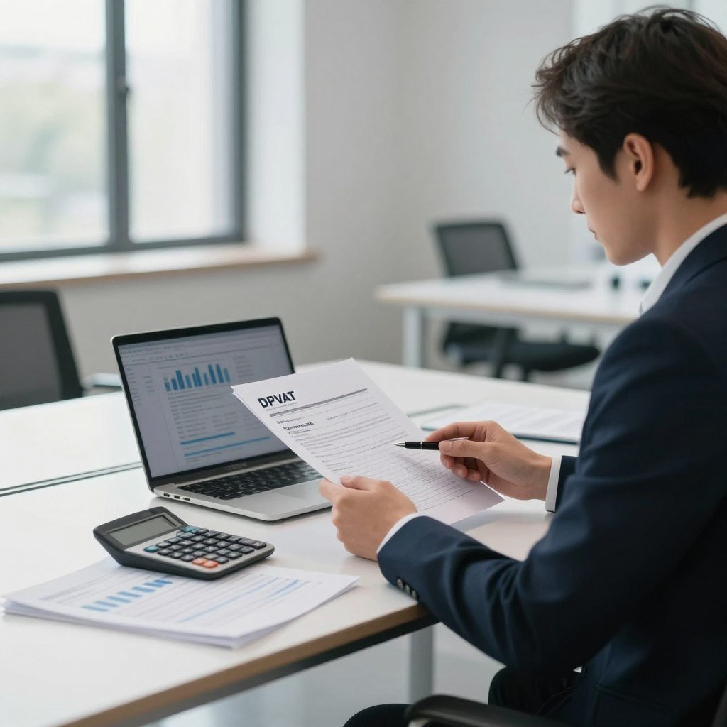 A professional office environment with a sleek, modern desk in the foreground, adorned with financial documents, a calculator, and a pen. In the middle ground, a focused businessperson in professional attire studies an open laptop, reviewing insurance data related to DPVAT. The background features a clean, minimalist office space with large windows allowing soft, natural light to illuminate the scene, casting gentle shadows that enhance the overall clarity. The atmosphere is serious yet approachable, conveying a sense of professionalism and diligence in financial planning. The composition should be framed with a slight angle, adding depth to the image while maintaining clarity on the subject matter, ideally using a shallow depth of field to emphasize the person and the paperwork.