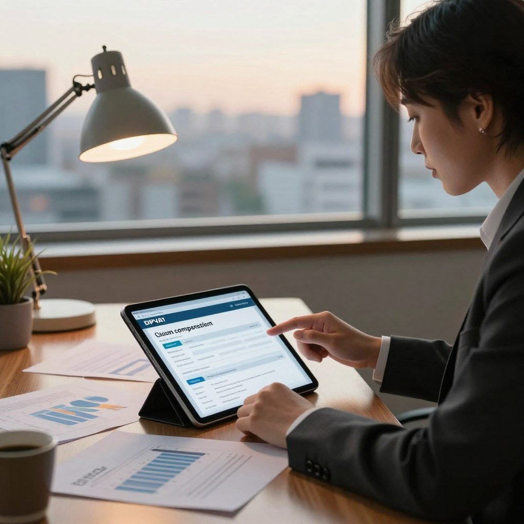 A professional office scene depicting an individual, dressed in smart, business attire, sitting at a sleek wooden desk. In the foreground, the person reviews a digital tablet displaying the DPVAT compensation application status. A soft glow from a desk lamp casts gentle light on the documents scattered around, including graphs and charts symbolizing claim progress. In the middle, a large window reveals a cityscape view, bathed in the warm hues of late afternoon sunlight, creating a calm and focused atmosphere. Subtle details like a coffee cup and a potted plant add to the inviting ambiance. The image captures determination and professionalism as the individual engages with their compensation claim.