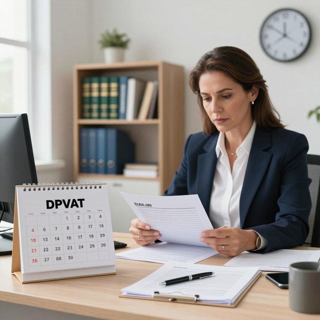 A professional office scene depicting the deadline for requesting DPVAT in Brazil. In the foreground, a neatly organized workspace featuring a desk with a calendar marked with an approaching deadline, papers, and a pen. In the middle ground, a focused individual in business attire, a middle-aged woman, sits at the desk checking documents related to DPVAT claims. She has a determined expression as she reviews the paperwork. The background shows a bookshelf filled with legal books, a clock indicating urgency, and a window with natural daylight filtering in, creating a bright, energetic atmosphere. Soft shadows add depth, emphasizing the importance of the deadline.