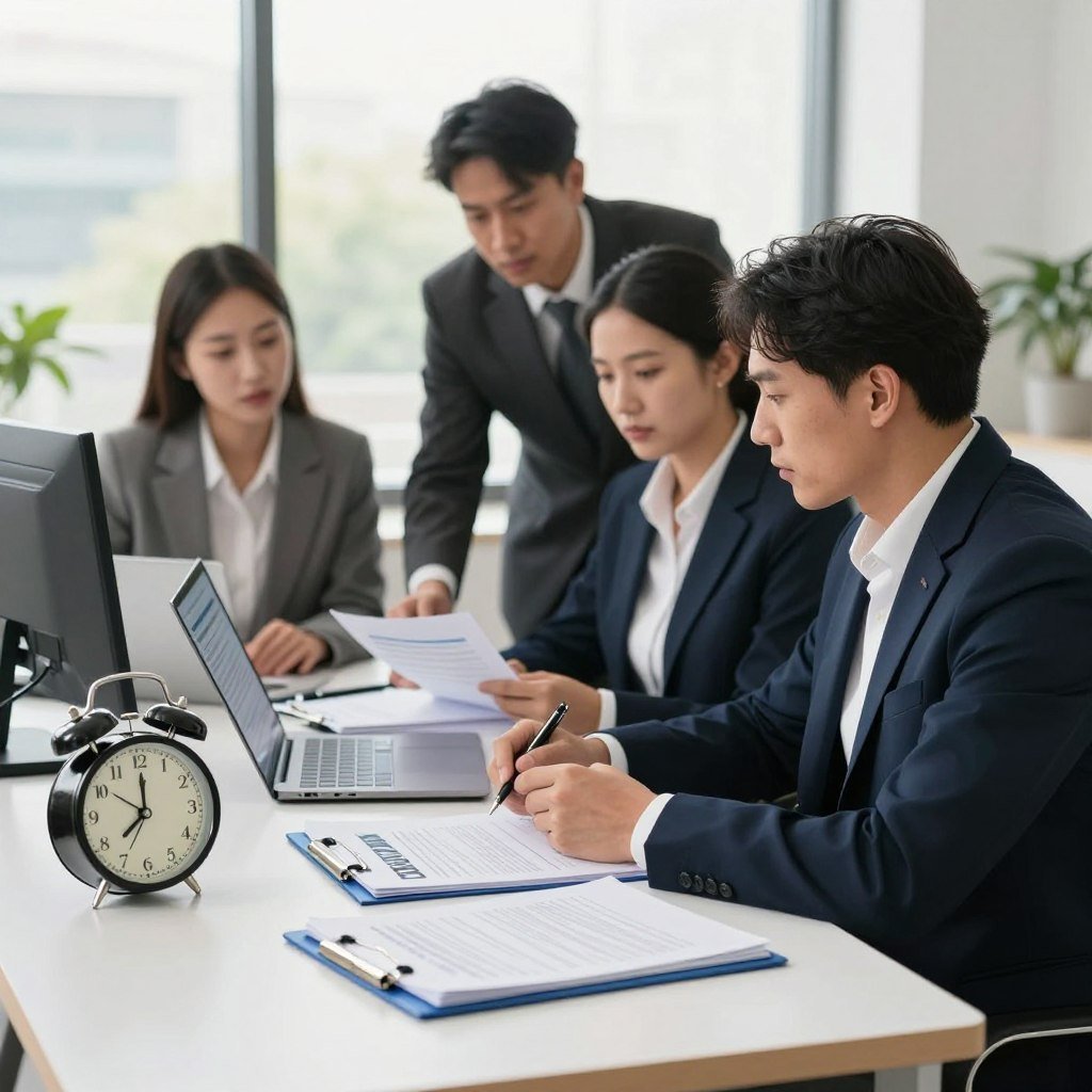 A professional office setting capturing the essence of the timeline for requesting DPVAT insurance compensation. In the foreground, a clean, organized desk with a clock indicating a deadline, alongside a stack of paperwork and a pen poised for signing. In the middle ground, a diverse group of individuals dressed in smart business attire—two professionals, a man, and a woman, engaged in a serious discussion about the application process, with an open laptop displaying relevant information. The background features a large window with soft, natural light streaming in, creating a warm atmosphere. Subtle greenery, like potted plants, enhances the inviting environment. Overall, the mood should convey urgency yet professionalism, highlighting the importance of timely action in the insurance process.