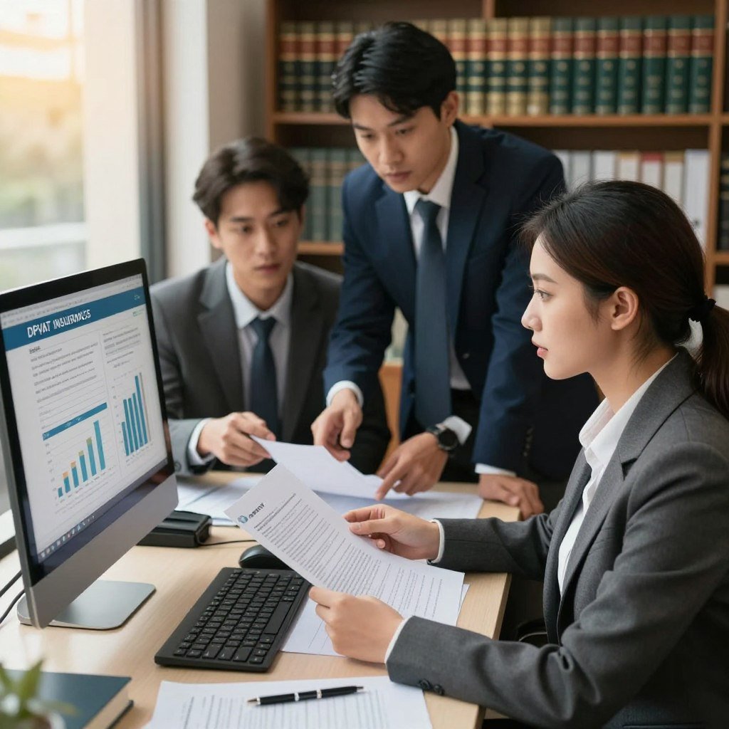 A professional office setting depicting a diverse group of individuals analyzing documents related to the DPVAT insurance revision process. In the foreground, a focused woman in a smart business outfit, looking at a computer screen that displays graphs and DPVAT forms, with a look of concentration. In the middle, a man in a formal suit discussing options with another colleague, both pointing at a legal document on a table covered with paperwork and pens. The background features shelves filled with law books and a large window letting in warm, natural light, creating an inviting atmosphere. The color palette is neutral with pops of blue and green, emphasizing professionalism and clarity. The mood is serious yet collaborative, highlighting the importance of the insurance revision process.