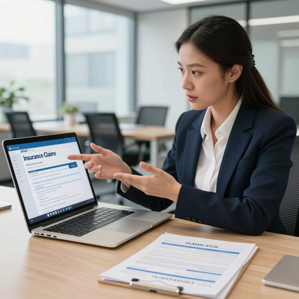 A professional office setting depicting the concept of insurance claims, specifically focusing on the DPVAT indemnity process. In the foreground, a well-organized desk with a laptop, papers, and an open claims form illustrating the details of the DPVAT application process. In the middle ground, a serious yet approachable businesswoman in professional attire, actively explaining the claims procedure. She gestures towards the laptop screen, displaying a clear and informative interface. The background shows a modern office with soft, natural lighting filtering through large windows, creating a welcoming atmosphere. The overall mood is focused and informative, conveying a sense of guidance and professionalism in navigating the indemnity process.