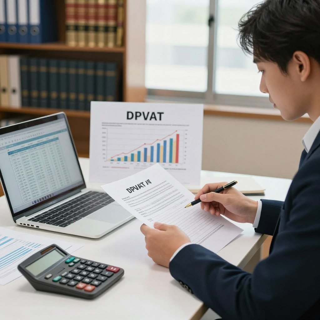 A professional office setting focused on the calculation of DPVAT compensation. In the foreground, a neatly organized desk with a calculator, documents, and a laptop displaying a spreadsheet. A businessperson, dressed in professional attire, is intently analyzing the documents, with a thoughtful expression. In the middle ground, a clear view of a chart showing various compensation amounts linked to different accident scenarios. The background features shelves filled with legal books and a window allowing soft natural light to illuminate the scene, creating a warm and focused atmosphere. The overall mood is serious yet informative, emphasizing the importance of understanding compensation rights.