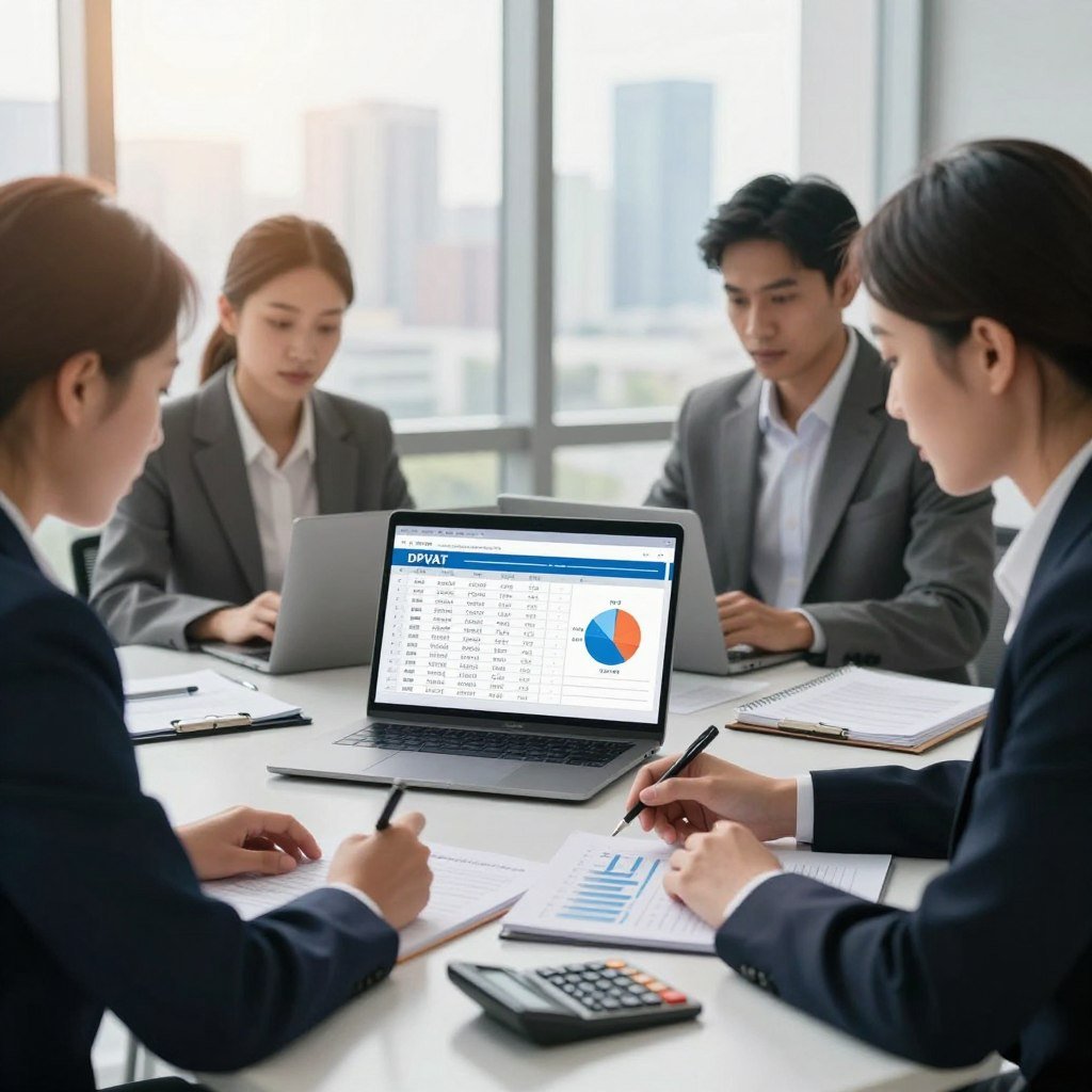 A professional office setting focused on the calculation of DPVAT compensation. In the foreground, a diverse group of two business professionals, one male and one female, analyzing financial documents and charts on a sleek table, both dressed in smart business attire. In the middle, a laptop displaying a spreadsheet with calculations related to DPVAT, emphasizing figures and graphs, alongside a calculator and notepad full of notes. In the background, a large window offers a soft glow of natural light, accentuating an urban skyline. The atmosphere is focused and collaborative, illustrating the meticulous process of determining indemnification values. The lighting is bright yet warm, creating an inviting and professional environment.