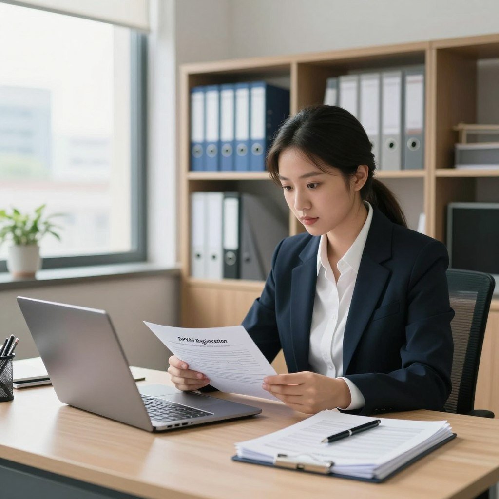 A professional office setting interior that conveys efficiency and organization. In the foreground, a neatly arranged desk with a laptop, a stack of paperwork titled "DPVAT Registration" and a pen. A focused young professional, dressed in business attire, sits at the desk, reviewing documents with an expression of determination. In the middle ground, shelves filled with files and a large window letting in soft, natural light, creating a warm and inviting atmosphere. The background reveals a view of a cityscape through the window, suggesting a busy work environment. The overall mood is one of productivity and clarity, emphasizing the importance of efficient registration processes.