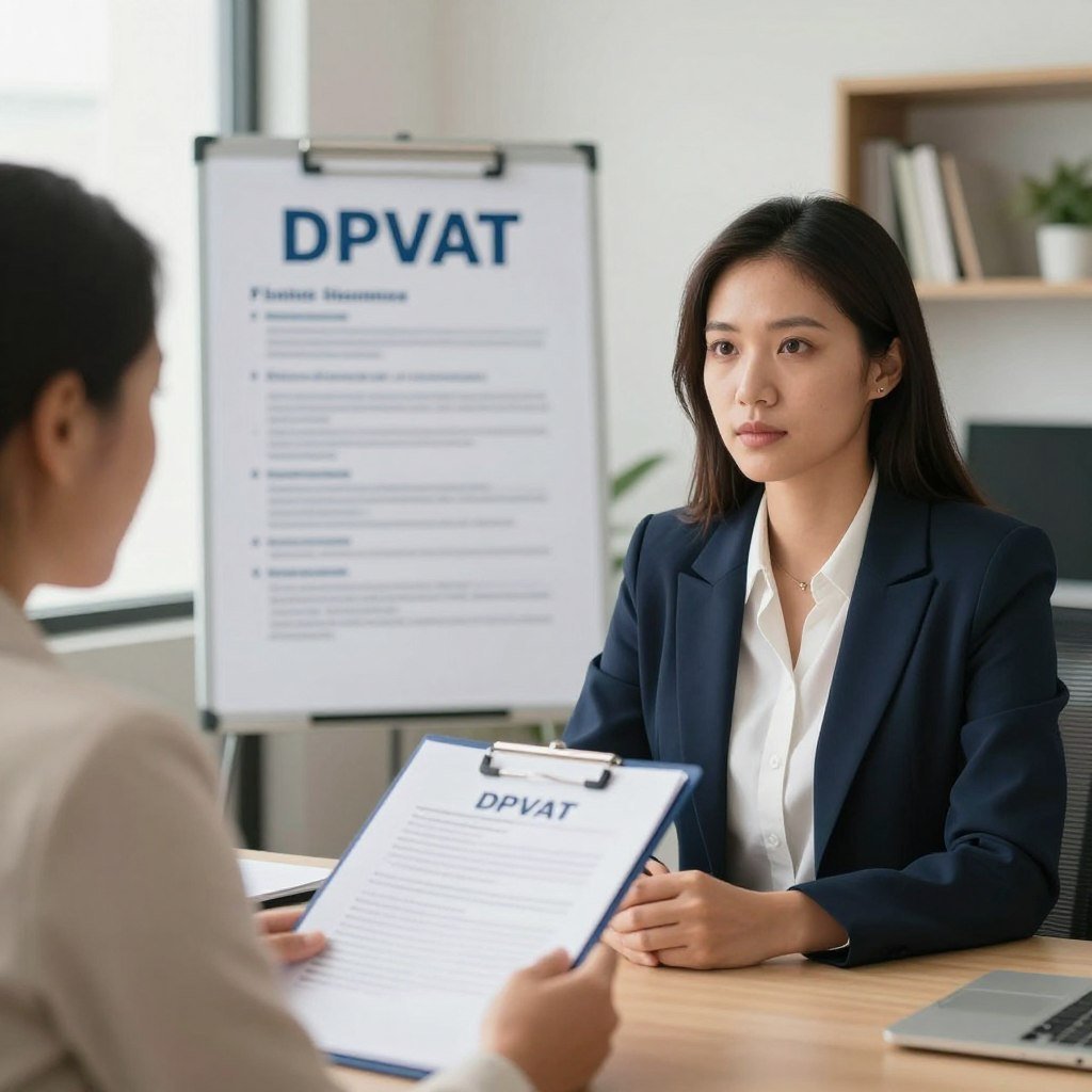 A professional office setting showcasing a businesswoman in smart attire engaged in a conversation with a government official at a desk, representing the process of applying for DPVAT insurance. The foreground features the woman holding a folder with relevant documents, focusing on a clear and determined expression. In the middle ground, a display board or poster about DPVAT informational materials can be seen, offering a sense of guidance. The background emphasizes a bright, well-lit office with modern decor to convey trust and professionalism. Use warm natural lighting to create an inviting atmosphere, and a slight depth of field to focus on the subjects, ensuring a clear and engaging image aimed at educating viewers on the insurance application process.