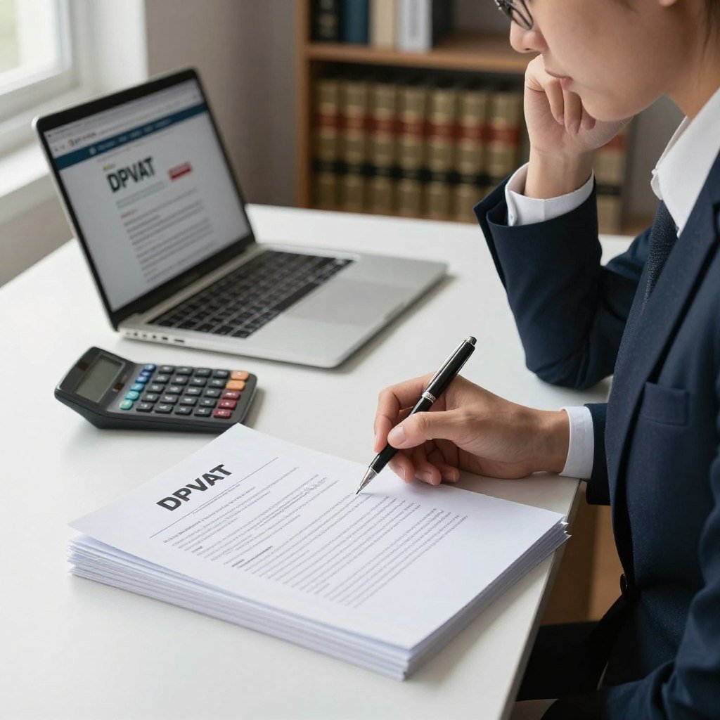 A professional office setting with a business person in formal attire, seated at a desk, thoughtfully reviewing documents related to the DPVAT insurance claim process. The foreground features a stack of official paperwork highlighting the theme of indemnification, with a pen poised for signature. In the middle background, a laptop displays a webpage about DPVAT insurance, and a calculator sits next to the documents, symbolizing calculations involved in claims. The background shows a bookshelf filled with legal books, enhancing the authoritative atmosphere. Soft, natural lighting filters through a nearby window, casting gentle shadows, creating a focused and contemplative mood suitable for inquiries about insurance claims. The angle is slightly angled from above to capture both the desk and the subject's expressions.