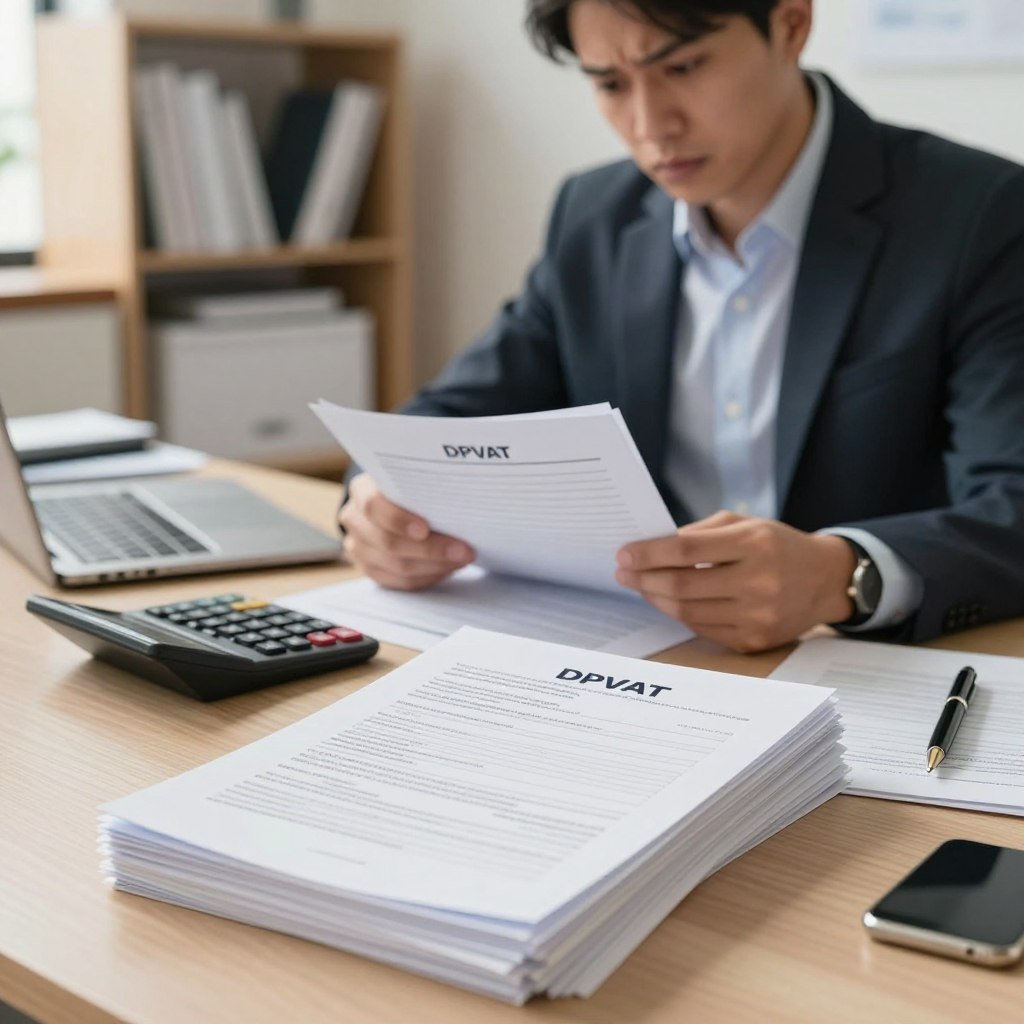 A professional office setting with a desk cluttered with various documents related to insurance and financial forms. In the foreground, a well-organized stack of DPVAT requirement papers, clearly visible and neatly arranged, beside a calculator and a pen. In the middle, a concerned individual in business attire, reviewing the paperwork with a focused expression, showing diligence and caution. In the background, a soft-focus view of a modern office with shelves filled with books and documents, illuminated by warm, natural lighting coming from a window. The overall mood conveys a sense of professionalism, organization, and the importance of attention to detail in navigating bureaucratic processes.