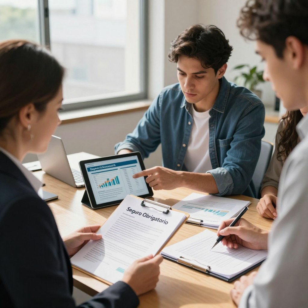 A professional office setting with a diverse group of individuals discussing important documents related to a vehicle insurance policy. In the foreground, a middle-aged woman in a business suit holds a folder labeled "Seguro Obrigatório," showcasing a sense of urgency. In the middle ground, a young man in smart casual attire points at a digital tablet displaying graphs and data about the DPVAT payment requirements. In the background, a large window allows natural light to flood the room, casting soft shadows. The atmosphere is focused and serious, reflecting important financial decisions. The image should be well-lit with a warm tone, captured from a slightly elevated angle to emphasize the teamwork dynamic and create an engaging visual narrative.