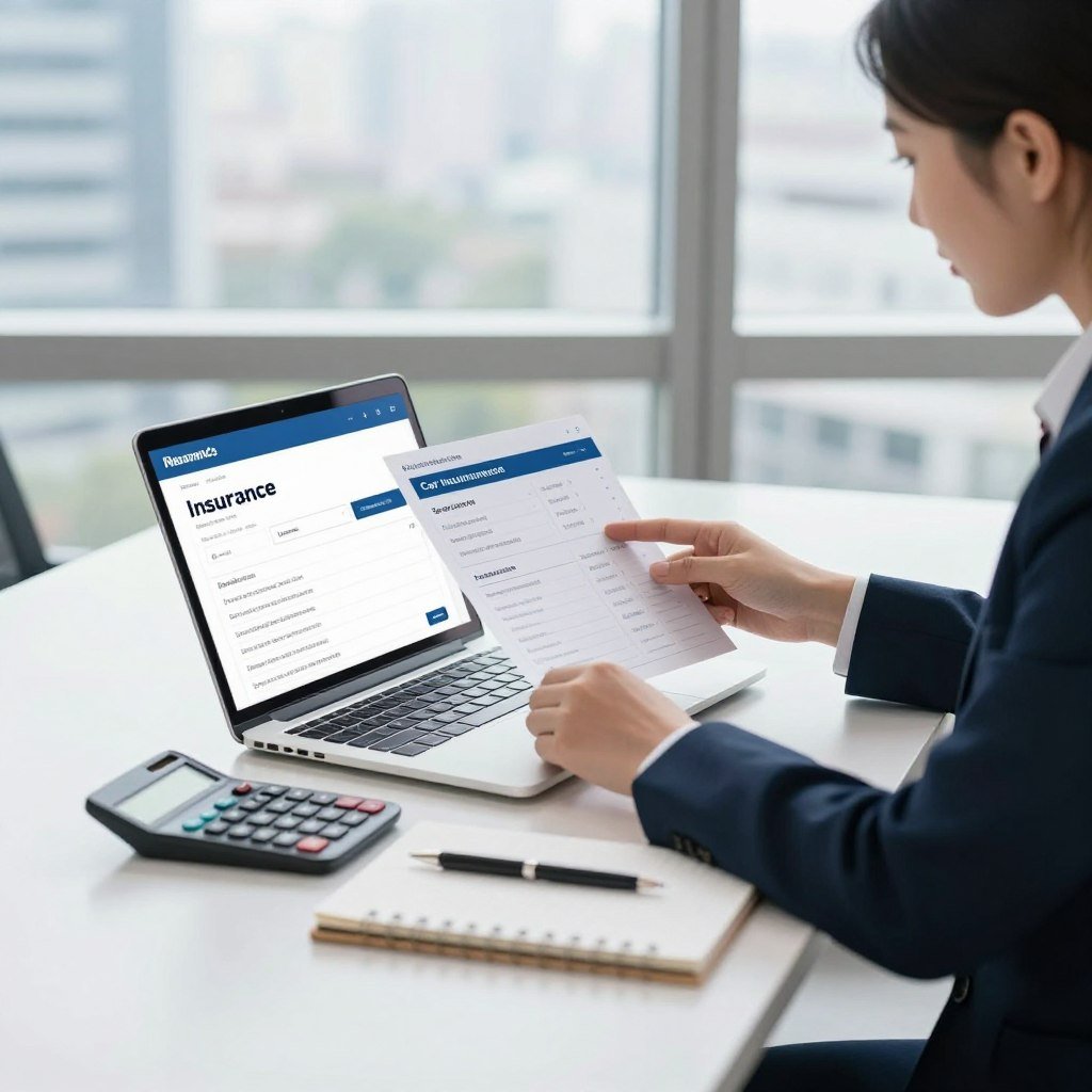 A professional office setting with a sleek modern desk in the foreground, where a person in business attire is reviewing car insurance quotes on a laptop. The individual appears focused and engaged, with a notepad and a pen beside them. In the middle ground, there are visual elements like a calculator and a smartphone displaying insurance apps. The background features a bright window with a city view, allowing natural light to illuminate the workspace, creating an atmosphere of productivity and clarity. The overall mood is one of determination and empowerment, showcasing the process of finding the best car insurance quotes efficiently. The image should have a crisp, clear focus using a moderate depth of field to highlight the main subject while keeping the surroundings softly blurred.