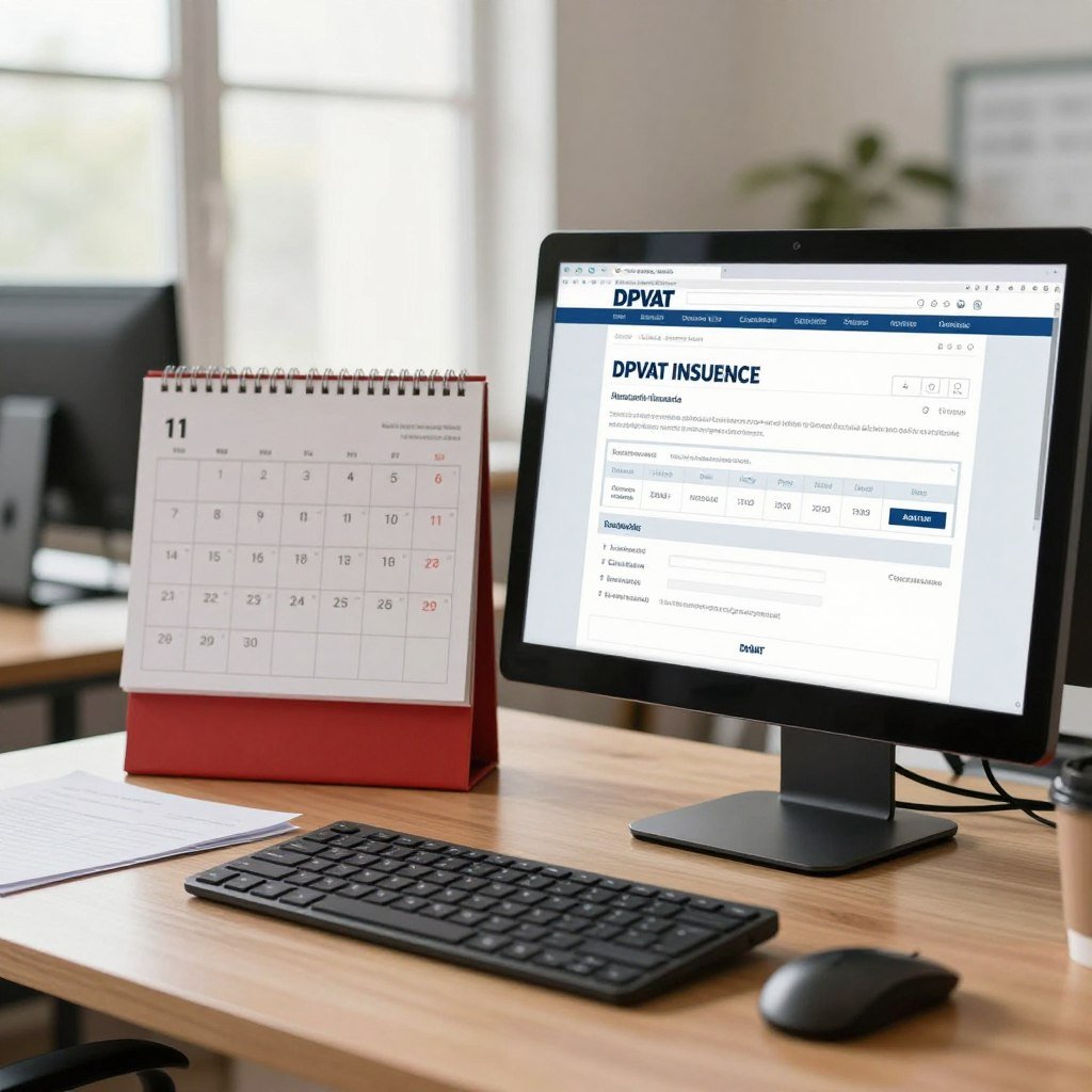 A professional office setting with a well-organized desk in the foreground, featuring a computer displaying an online form for the DPVAT insurance application. The middle ground showcases a calendar marked with deadlines and important dates related to the application process. In the background, a window with soft natural light filtering through creates a warm and inviting atmosphere, illuminating the workspace. The overall mood is focused and efficient, suggesting a sense of urgency and organization. Use a shallow depth of field to keep the focus on the desk while softly blurring the background. The lighting should convey clarity and professionalism, enhancing the importance of timely action in the insurance application process.