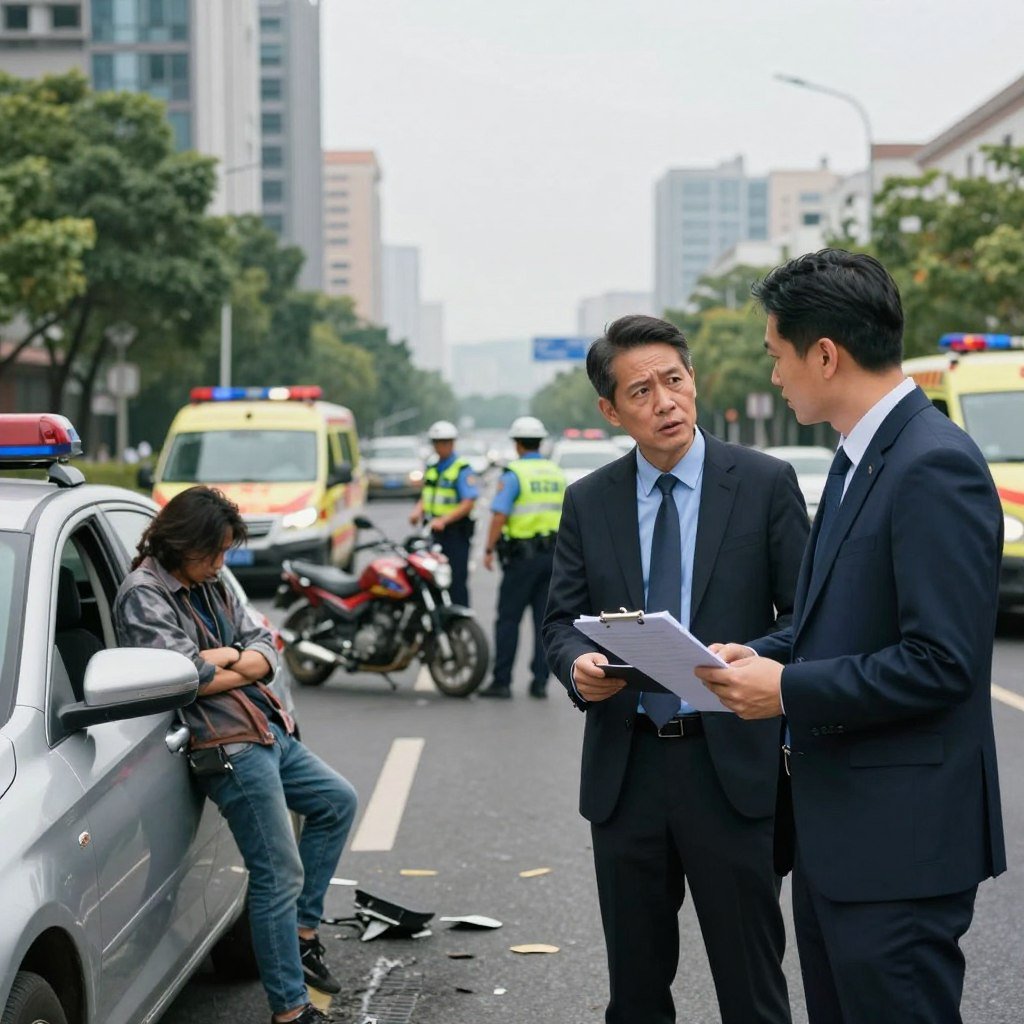 A professional scene depicting a traffic accident aftermath involving a car and a motorcycle on an urban street. In the foreground, a concerned adult in business attire, holding a clipboard, talks to a distressed individual in casual clothing. In the middle ground, emergency services can be seen tending to the accident site, with police officers managing the scene and an ambulance visible nearby. The background features tall buildings and trees, under a clear sky, creating a stark contrast to the seriousness of the situation. Soft, natural lighting highlights the scene, with a slight focus blur on the background to emphasize the conversation in the foreground. The overall mood is somber yet focused, illustrating the importance of understanding insurance claims following accidents.