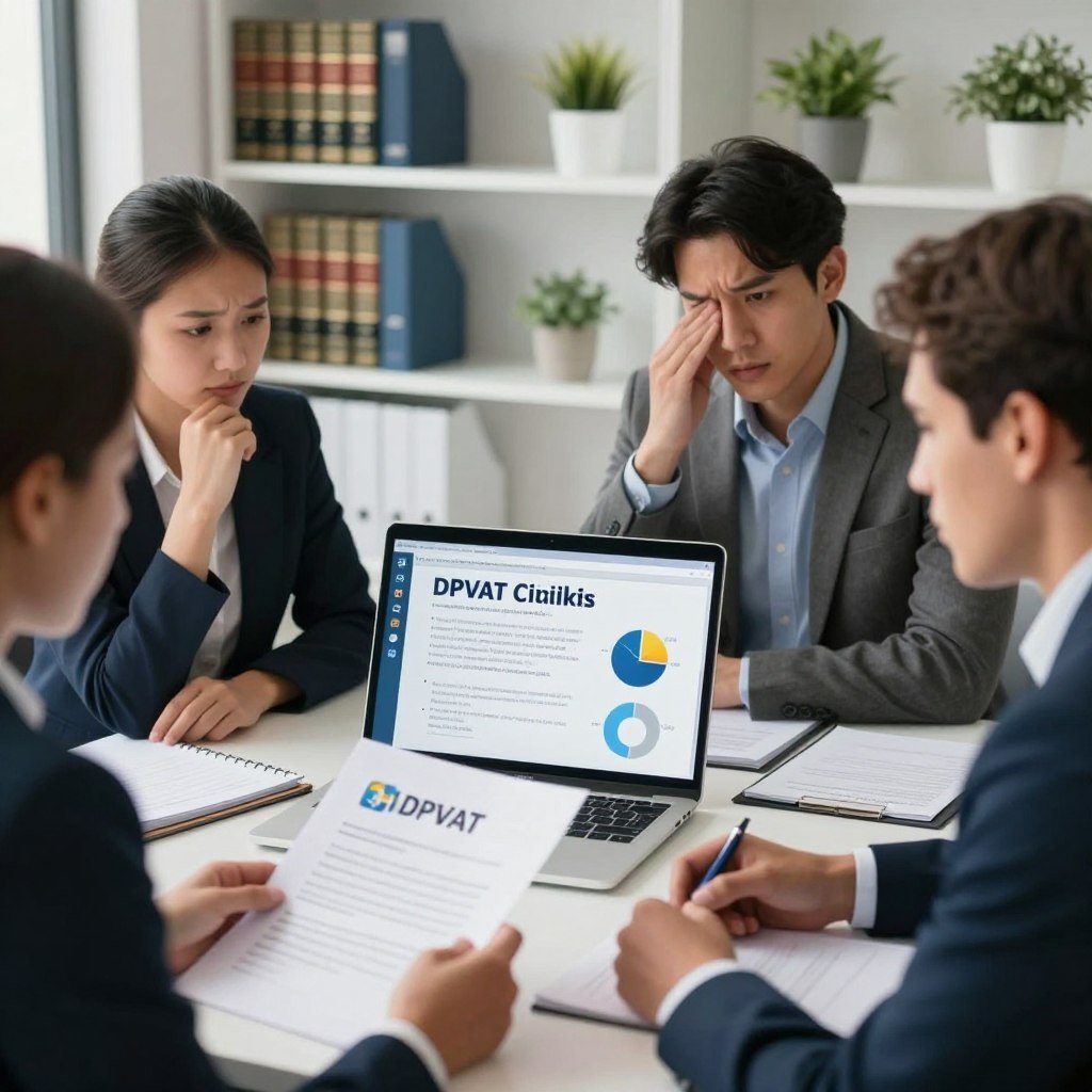A professional setting depicting a detailed and informative scene about the cancellation of DPVAT coverage. In the foreground, a diverse group of three individuals in business attire, engaged in a discussion over paperwork, expressing concern and attentiveness. One person holds a document with the DPVAT logo visible. The middle ground features an open laptop displaying a clear presentation about DPVAT cancellation guidelines, with charts and bullet points, brightly lit from the side with natural light. In the background, a modern office setting with shelves lined with legal books and plants, providing an air of professionalism and authority. The mood is serious yet informative, aimed at educating viewers. Use soft lighting and a slightly elevated angle to capture the entire scene.
