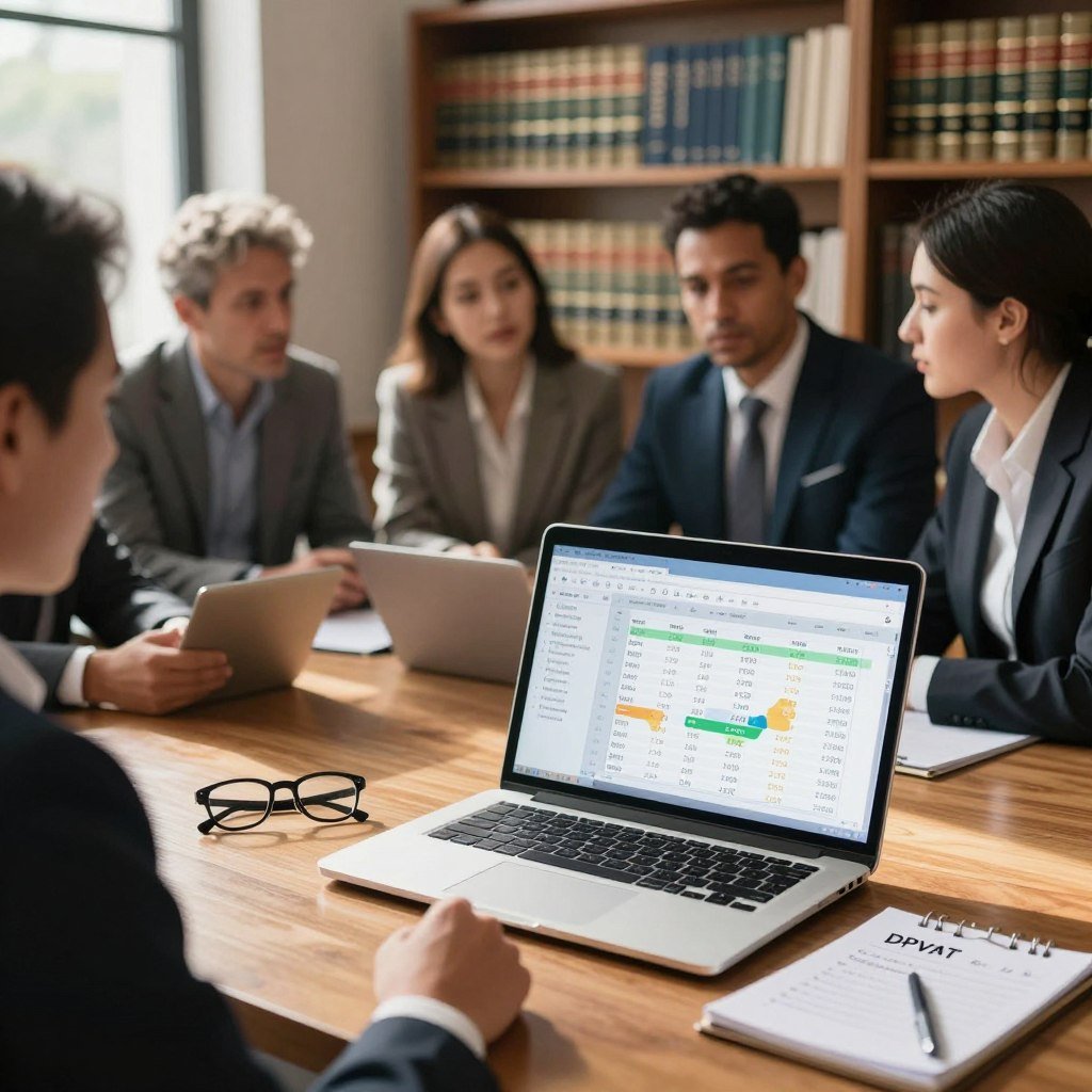A professional setting illustrating a DPVAT compensation simulation. In the foreground, a laptop on a polished wooden desk displays a financial calculator and charts of compensation values. Beside the laptop, a pair of professional glasses and a notepad with handwritten notes about DPVAT rights. In the middle ground, a diverse group of individuals in professional business attire discuss the simulation process, with a look of concentration and engagement. In the background, soft-focus bookshelves filled with legal texts and financial guides create a scholarly atmosphere. Warm, natural light filters through a window, casting gentle shadows. The overall mood conveys a sense of clarity and understanding, emphasizing the importance of knowing one's rights regarding DPVAT compensation.
