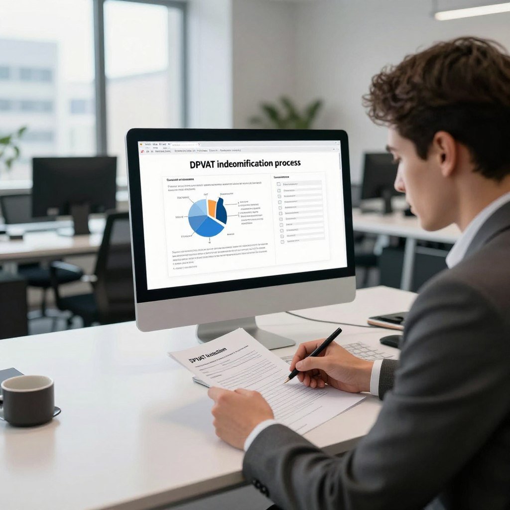 A professional setting illustrating the DPVAT indemnification process. In the foreground, a focused individual in business attire sits at a sleek desk, reviewing paperwork and filling out a claim form. The middle ground features a computer screen displaying a step-by-step guide for the indemnification process, with visible charts and checklists. In the background, a modern office environment with neutral tones, including a window showing a cityscape, allows natural light to illuminate the room, creating a sense of clarity and hope. The atmosphere is serious yet optimistic, emphasizing diligence and determination in navigating the legal process. Use a wide-angle lens to capture the depth of the workspace, with soft focus on the background to enhance the subject's importance.
