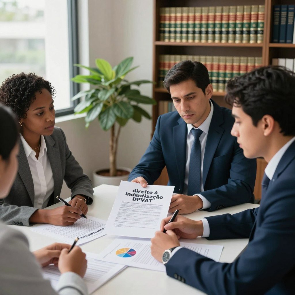 A professional setting illustrating the concept of "direito à indenização DPVAT." In the foreground, a group of three diverse professionals (a Black woman, a White man, and a Hispanic man) engaged in a discussion around a table filled with legal documents and charts showing compensation details. They are dressed in smart business attire. In the middle ground, a potted plant and a bookshelf filled with legal books create a scholarly atmosphere. The background features a large window with soft natural light streaming in, casting gentle shadows. The mood is serious yet collaborative, emphasizing the importance of understanding compensation rights. The angle is slightly elevated, providing a comprehensive view of the professionals and their environment.
