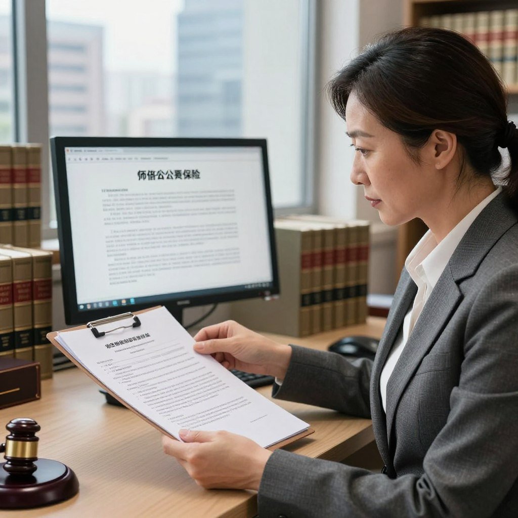 A professional setting illustrating the legal implications of mandatory insurance, featuring a well-dressed lawyer analyzing documents in an office filled with law books. In the foreground, the lawyer, a middle-aged woman in a tailored suit, examines a large, open file on her desk, showing an insurance contract. In the middle, a computer monitor displays legal statutes and regulations related to compulsory insurance. In the background, a window reveals a cityscape with tall buildings, softly illuminated by natural daylight. The scene conveys a serious and focused atmosphere, emphasizing the importance of legal compliance. Bright lighting accentuates the professionalism, with a shallow depth of field to highlight the subject.