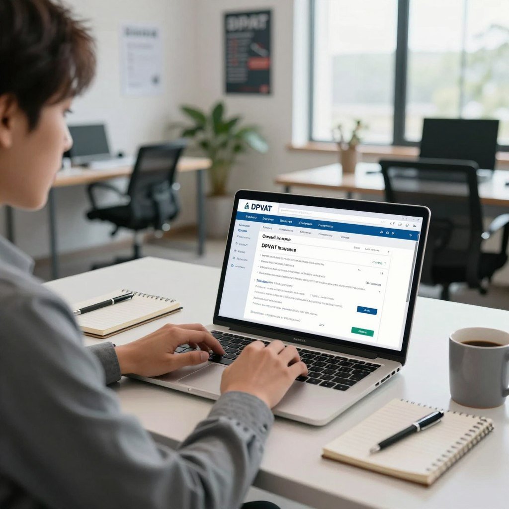A professional setting showcasing a modern office environment where an individual is sitting at a desk using a laptop to request DPVAT insurance online. In the foreground, a focused person in business attire is actively engaged with the screen, showcasing a user-friendly interface with visible insurance forms. The middle ground features a clutter-free desk with essential office supplies like a notepad, pen, and a coffee mug, adding a touch of realism. The background reveals a bright, well-lit office with sleek furniture, indoor plants, and motivational posters on the walls. Natural light filters through a large window, creating a warm and inviting atmosphere that emphasizes efficiency and professionalism. The overall mood conveys accessibility and support in navigating the online insurance process.