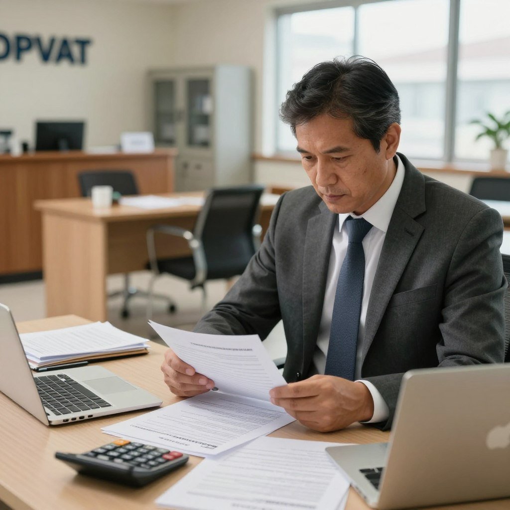 A professional setting showcasing the process of filing for DPVAT compensation. In the foreground, a well-dressed individual, a middle-aged man in a suit, intently reviewing paperwork at a desk cluttered with documents, a calculator, and a laptop. In the middle-ground, a government office environment with desks, filing cabinets, and a reception area, suggesting a space where claims are processed. The background includes a window allowing natural light to illuminate the scene, creating a sense of openness. Soft shadows enhance the mood of seriousness and professionalism, while warm tones evoke a welcoming atmosphere. The camera angle is slightly tilted upwards, focusing on the individual’s determined expression as he navigates the claims process.
