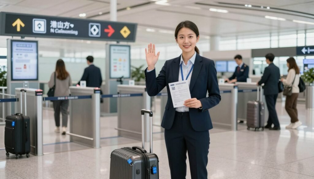 A professional traveler stands confidently at an airport security checkpoint, wearing business attire, holding a travel document in one hand while the other is raised in a reassuring gesture. The foreground features neatly organized luggage with a visible blue travel security tag. In the middle ground, we see a well-lit security area with through-glass screens displaying travel guidelines and security protocols, blending a sense of safety and efficiency. The background showcases travelers moving smoothly through security checks, with staff in uniforms assisting them. Soft, diffused lighting creates an inviting atmosphere, emphasizing trust and security in the travel process. The image is captured from a slightly elevated angle, providing a broad view of the secure travel environment, evoking peace of mind and preparedness.