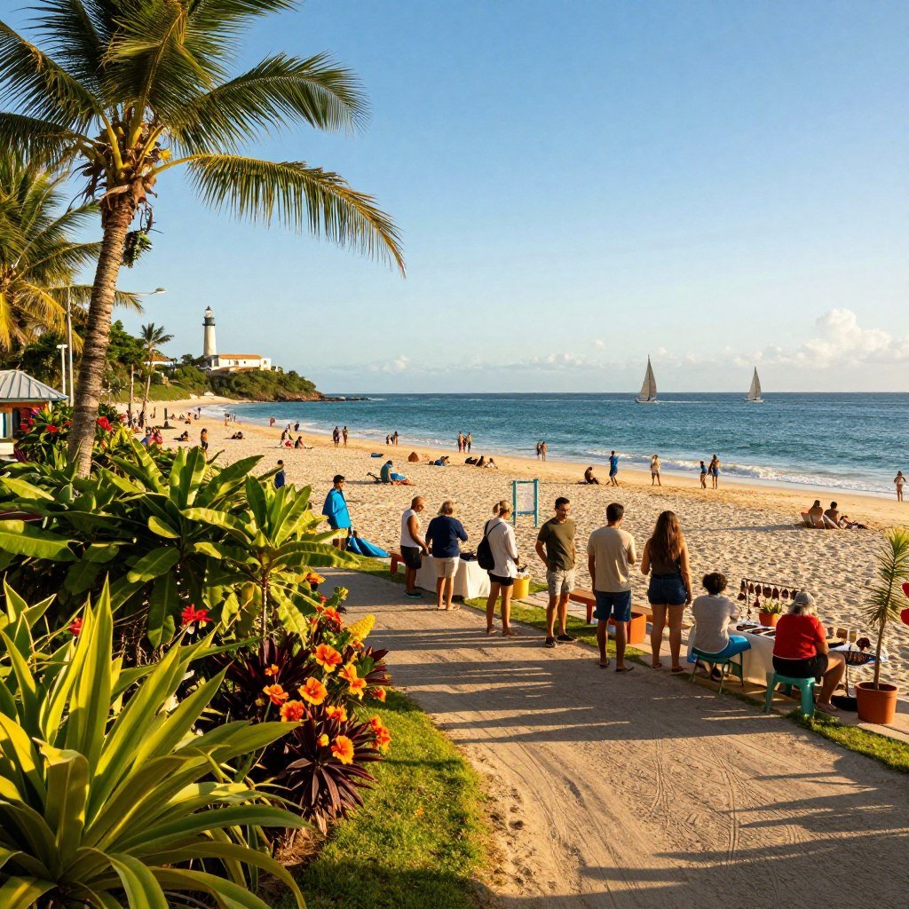 A scenic view showcasing the tourist attractions near Porto Seguro Praia Resort, with a vibrant coastal landscape. In the foreground, lush tropical foliage, colorful flowers, and a well-worn path leading toward the beach. In the middle ground, a vibrant beach bustling with families enjoying sun and sand, and a small group of people in modest casual clothing exploring local crafts at a nearby market. In the background, the azure ocean meets a clear blue sky, with a few sailboats dotting the horizon and the silhouette of a historic lighthouse. The golden hour light bathes the scene in a warm glow, creating a cheerful and inviting atmosphere that reflects relaxation and discovery. The angle captures a panoramic view, emphasizing the proximity of the attractions to the resort. A scenic view showcasing the tourist attractions near Porto Seguro Praia Resort, with a vibrant coastal landscape. In the foreground, lush tropical foliage, colorful flowers, and a well-worn path leading toward the beach. In the middle ground, a vibrant beach bustling with families enjoying sun and sand, and a small group of people in modest casual clothing exploring local crafts at a nearby market. In the background, the azure ocean meets a clear blue sky, with a few sailboats dotting the horizon and the silhouette of a historic lighthouse. The golden hour light bathes the scene in a warm glow, creating a cheerful and inviting atmosphere that reflects relaxation and discovery. The angle captures a panoramic view, emphasizing the proximity of the attractions to the resort.