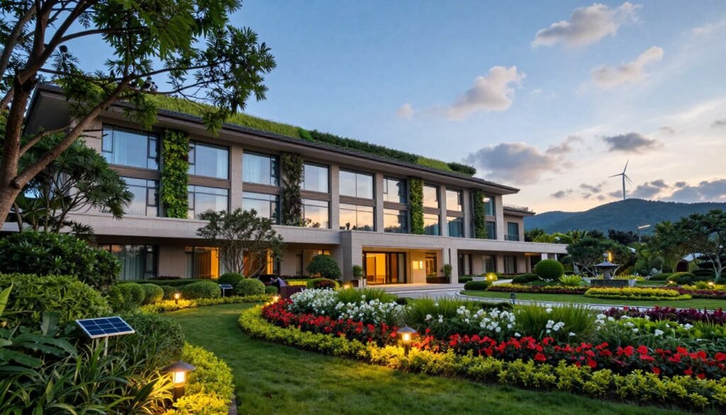 A serene and elegant hotel exterior, showcasing the Palace Hotel nestled amidst lush greenery and vibrant flowers. The foreground features a well-manicured garden with solar-powered lights casting a warm glow during twilight. In the middle, the hotel stands with large windows reflecting the surrounding nature, emphasizing sustainability with green roofs and vertical gardens. Birds can be seen perched on branches, enhancing the ecological ambiance. In the background, there's a clear blue sky with soft clouds drifting, and distant hills featuring wind turbines. The scene is illuminated by soft, natural lighting, capturing a peaceful atmosphere that reflects eco-friendliness and harmony with nature. The angle is slightly elevated, providing a comprehensive view that conveys elegance and sustainability without any human figures.